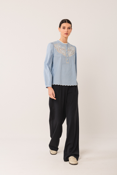 Indi & Cold:  Embroidered Poplin Blouse - Blue