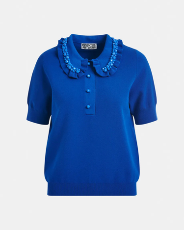Essentiel Antwerp : Jewerlry Embroidered Knit Polo - Blue Ruffle