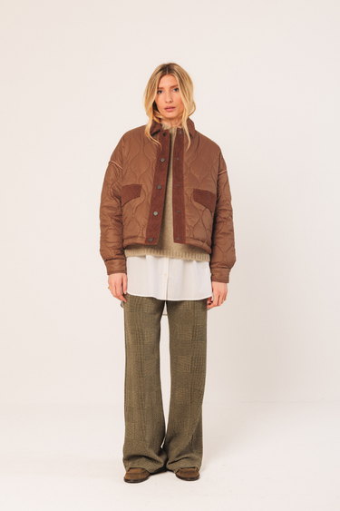 Indi & Cold: Retro Quilted Biker Jacket - Almond