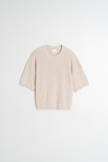 Indi & Cold: Short Sleeve Cable Knit Sweater - Beige