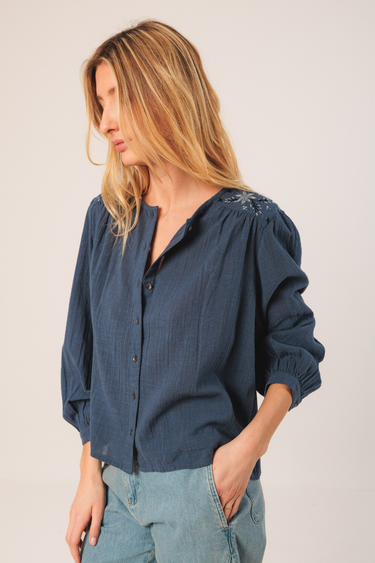Indi & Cold:  Embroidered Boxy Shirt - Indigo