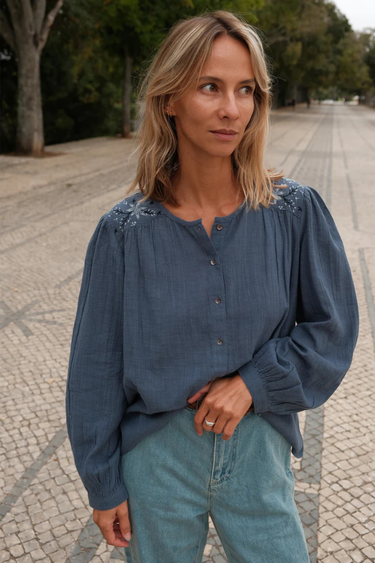 Indi & Cold:  Embroidered Boxy Shirt - Indigo
