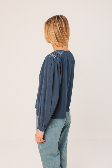 Indi & Cold:  Embroidered Boxy Shirt - Indigo