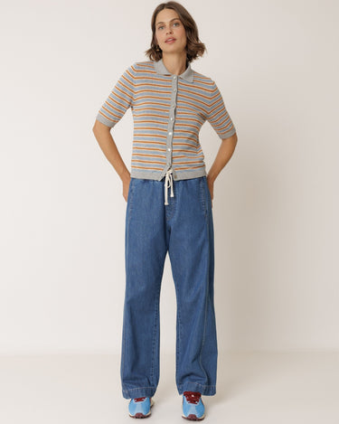 Indi & Cold : Stripe Knit Polo - Mottled Grey