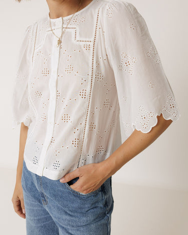 Indi & Cold : Boxy Shirt with Schiffli Embroidery - White
